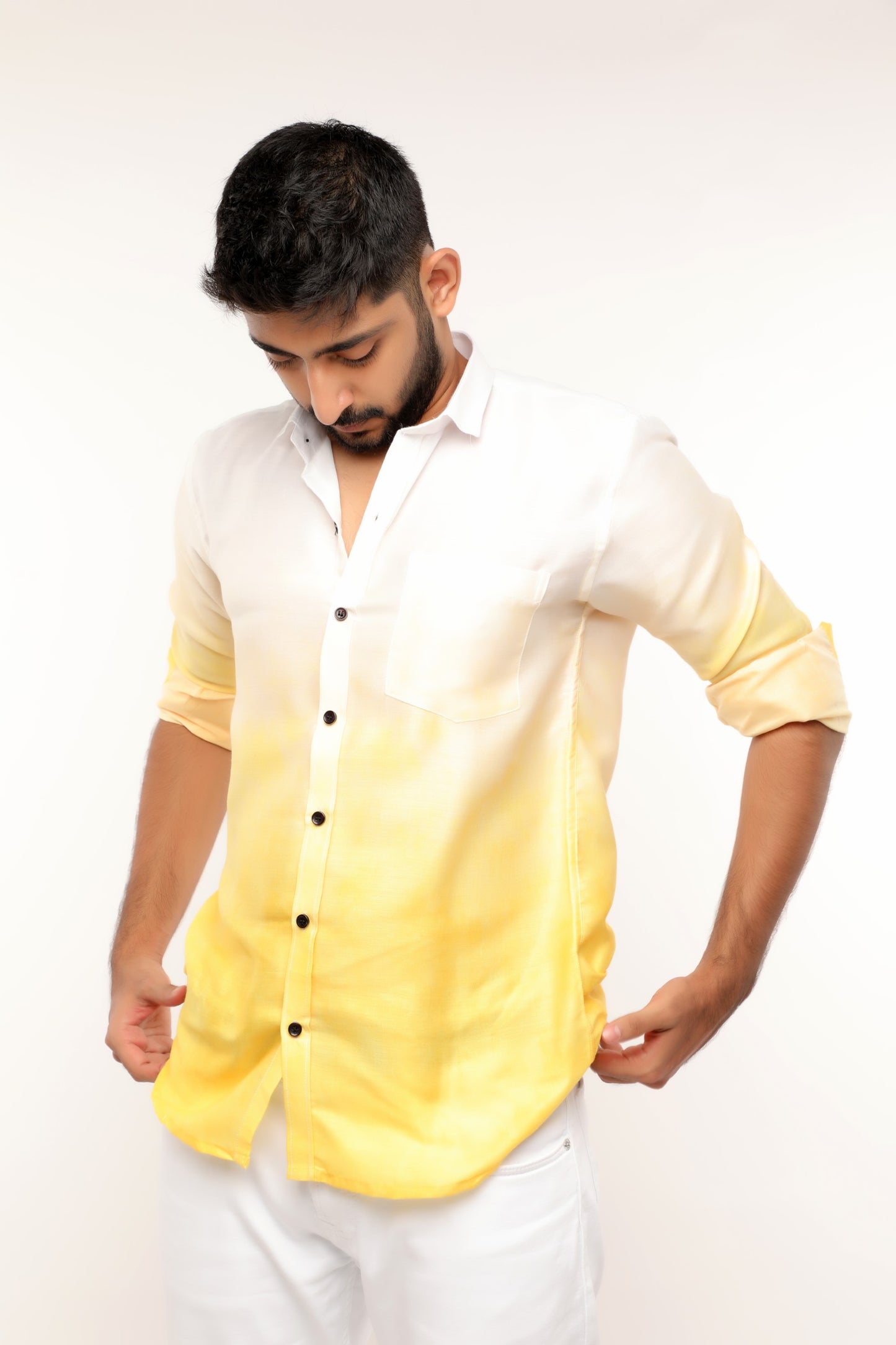 White and Yellow dyed glazed cotton full sleeves shirt