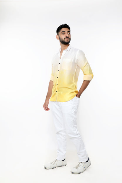 White and Yellow dyed glazed cotton full sleeves shirt