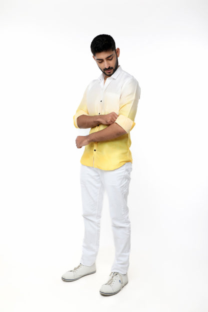 White and Yellow dyed glazed cotton full sleeves shirt