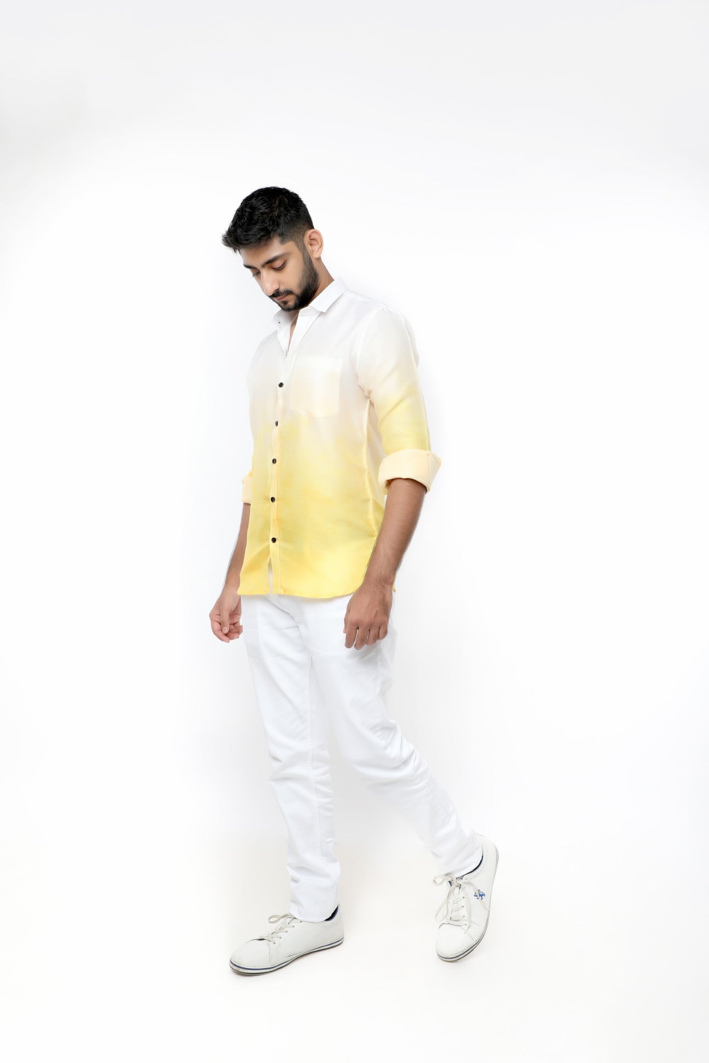 White and Yellow dyed glazed cotton full sleeves shirt