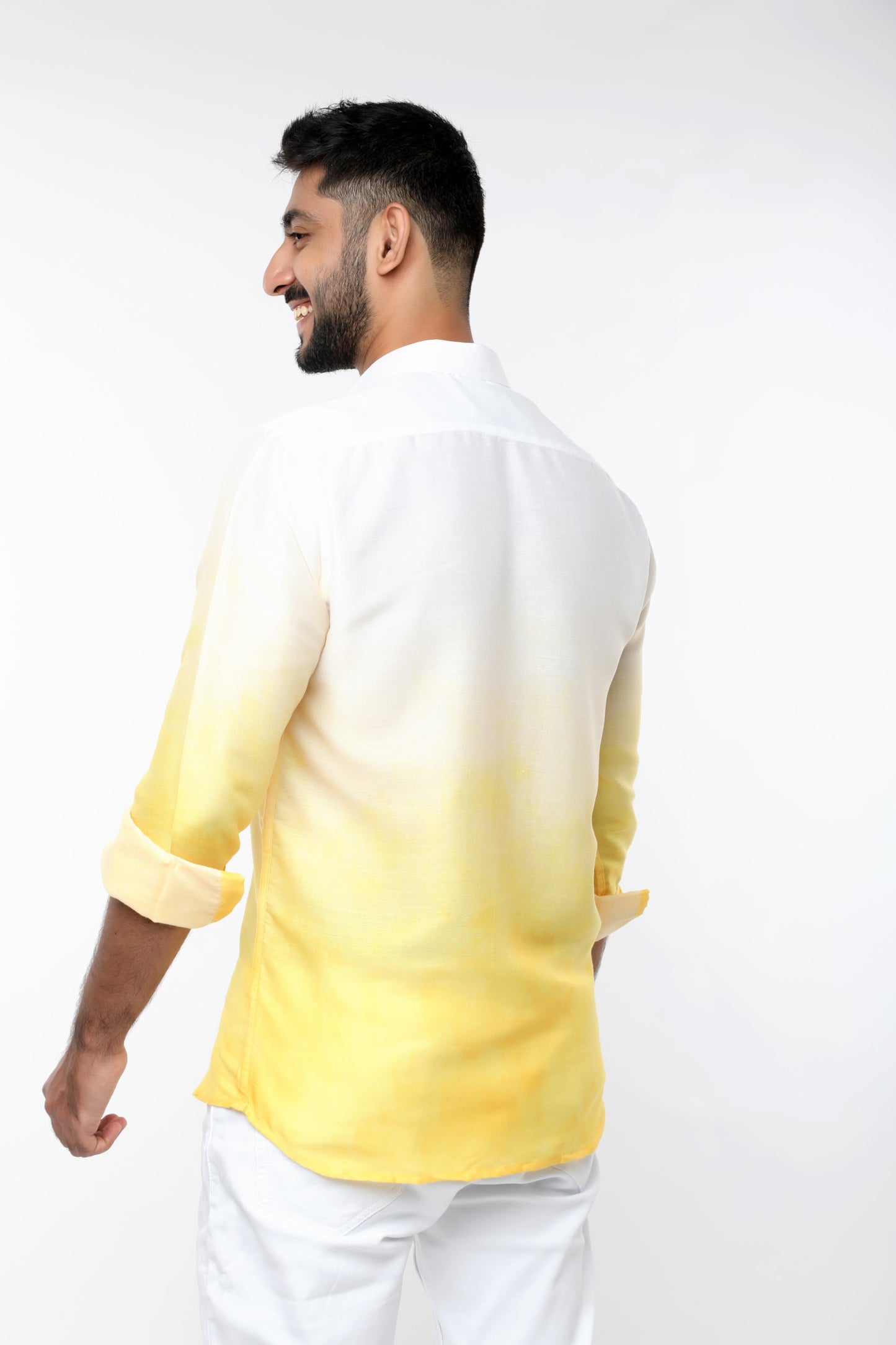 White and Yellow dyed glazed cotton full sleeves shirt