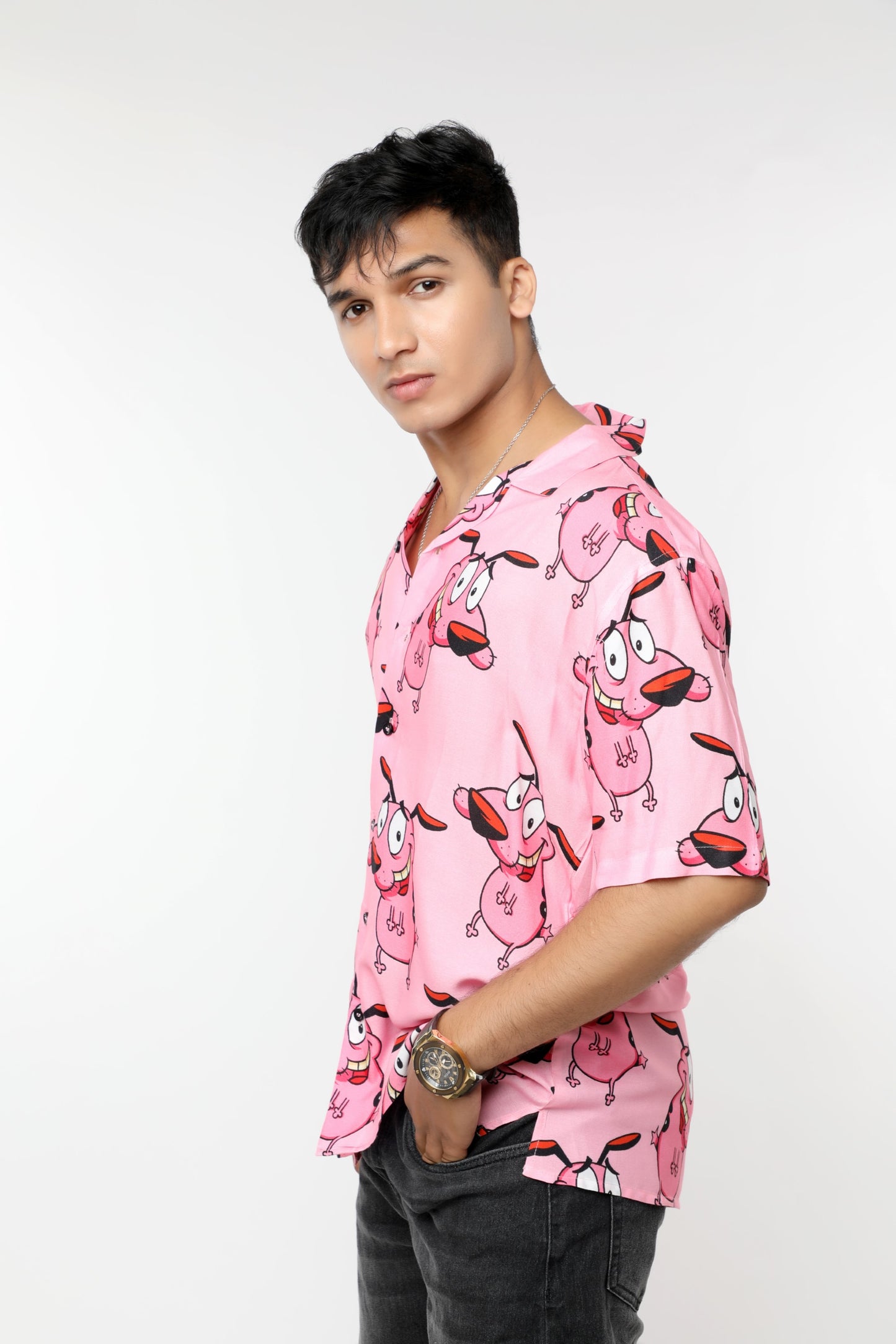 LIGHT PINK PRINTED OFFBEAT SHIRT