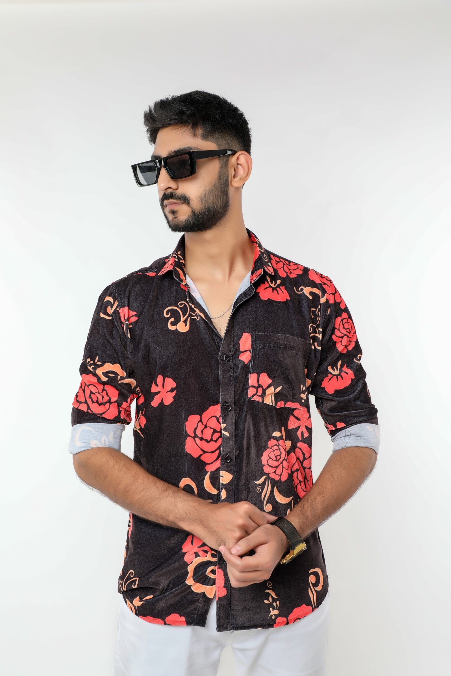 Black floral print party wear velvet full sleeves shirt