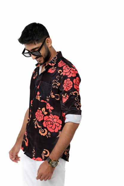 Black floral print party wear velvet full sleeves shirt