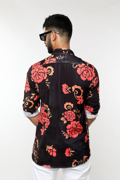 Black floral print party wear velvet full sleeves shirt