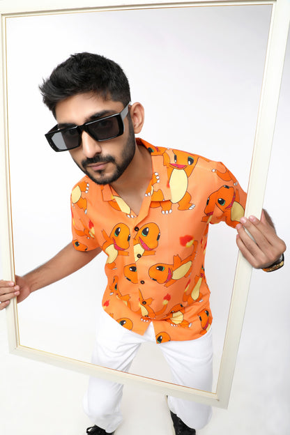 ORANGE PRINTED OFFBEAT SHIRT