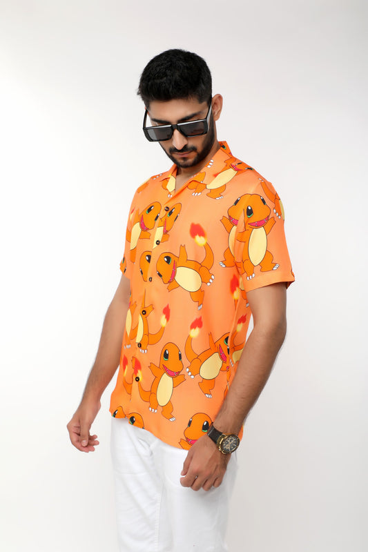 ORANGE PRINTED OFFBEAT SHIRT