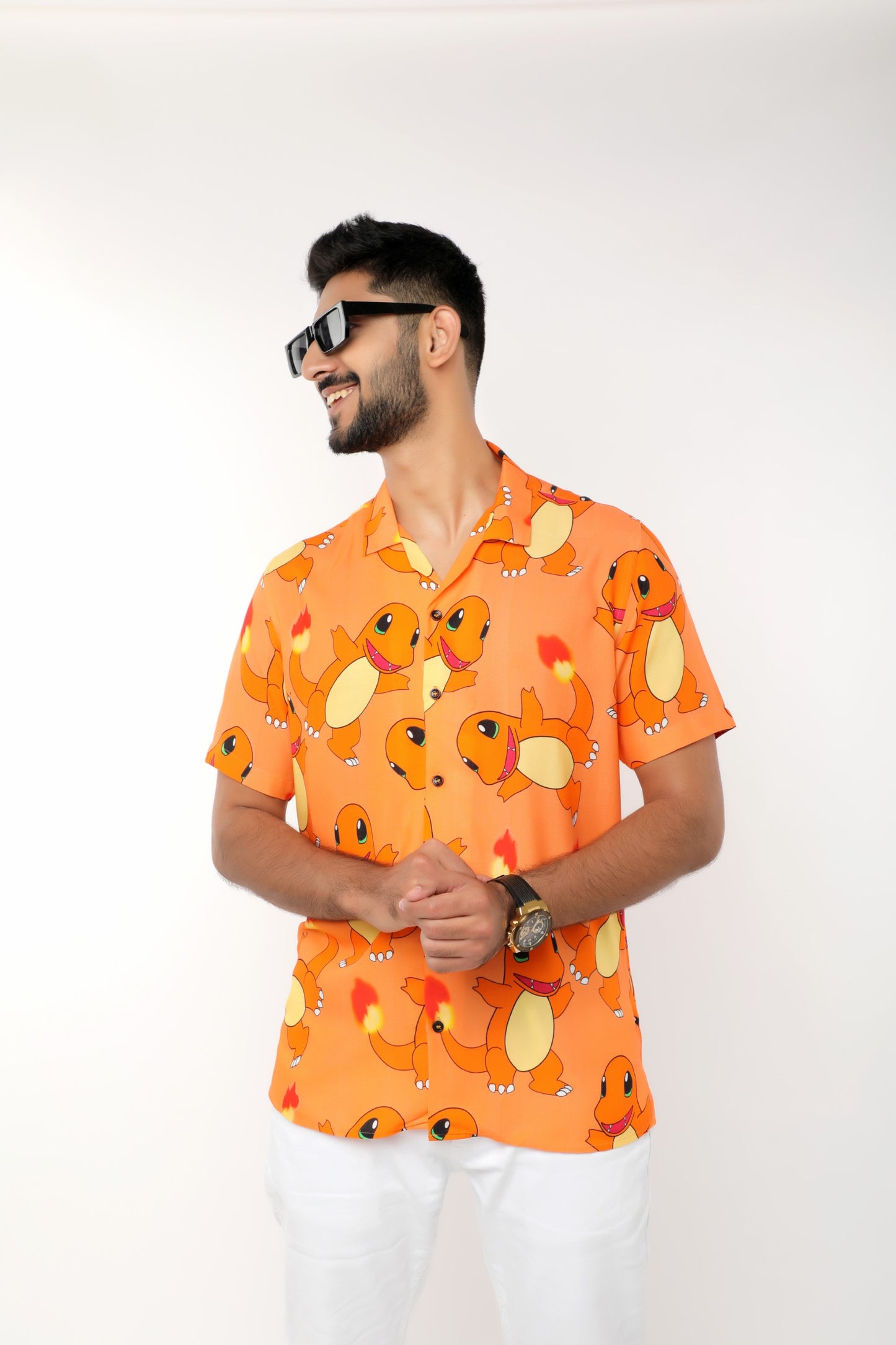 ORANGE PRINTED OFFBEAT SHIRT