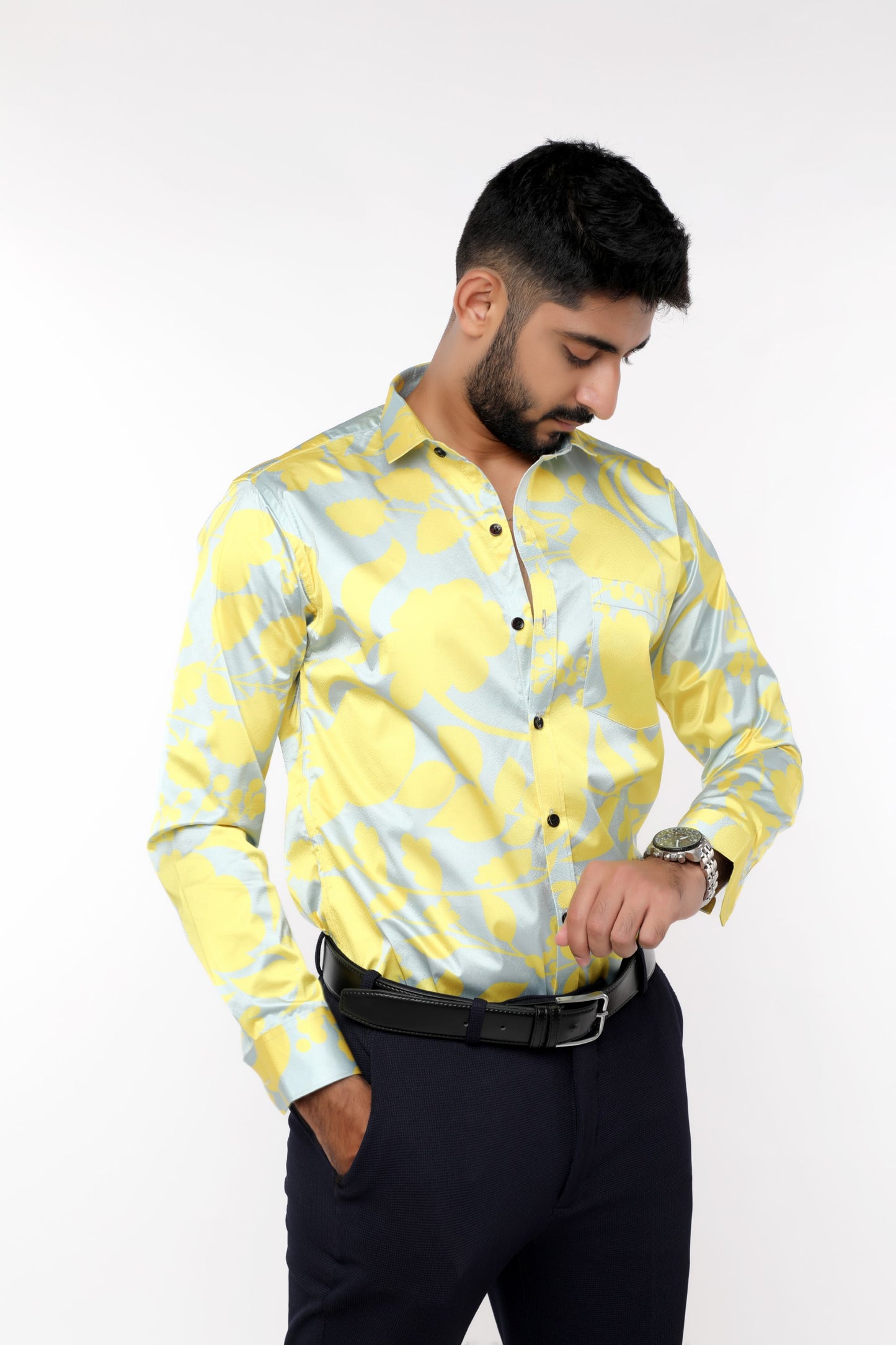 Yellow Floral Satin with Fusing full sleeves Shirt