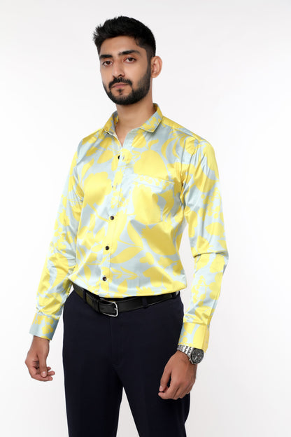 Yellow Floral Satin with Fusing full sleeves Shirt