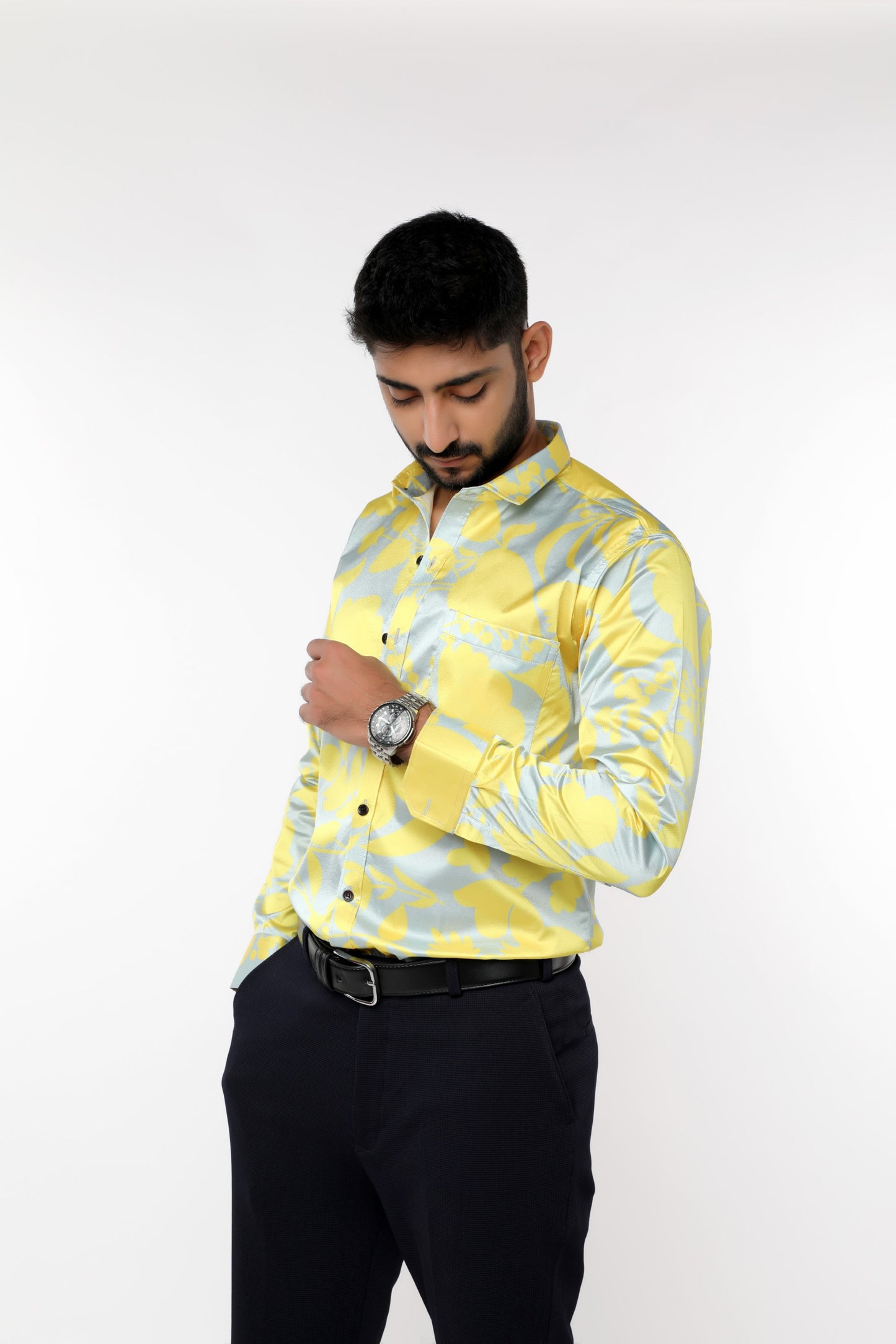 Yellow Floral Satin with Fusing full sleeves Shirt