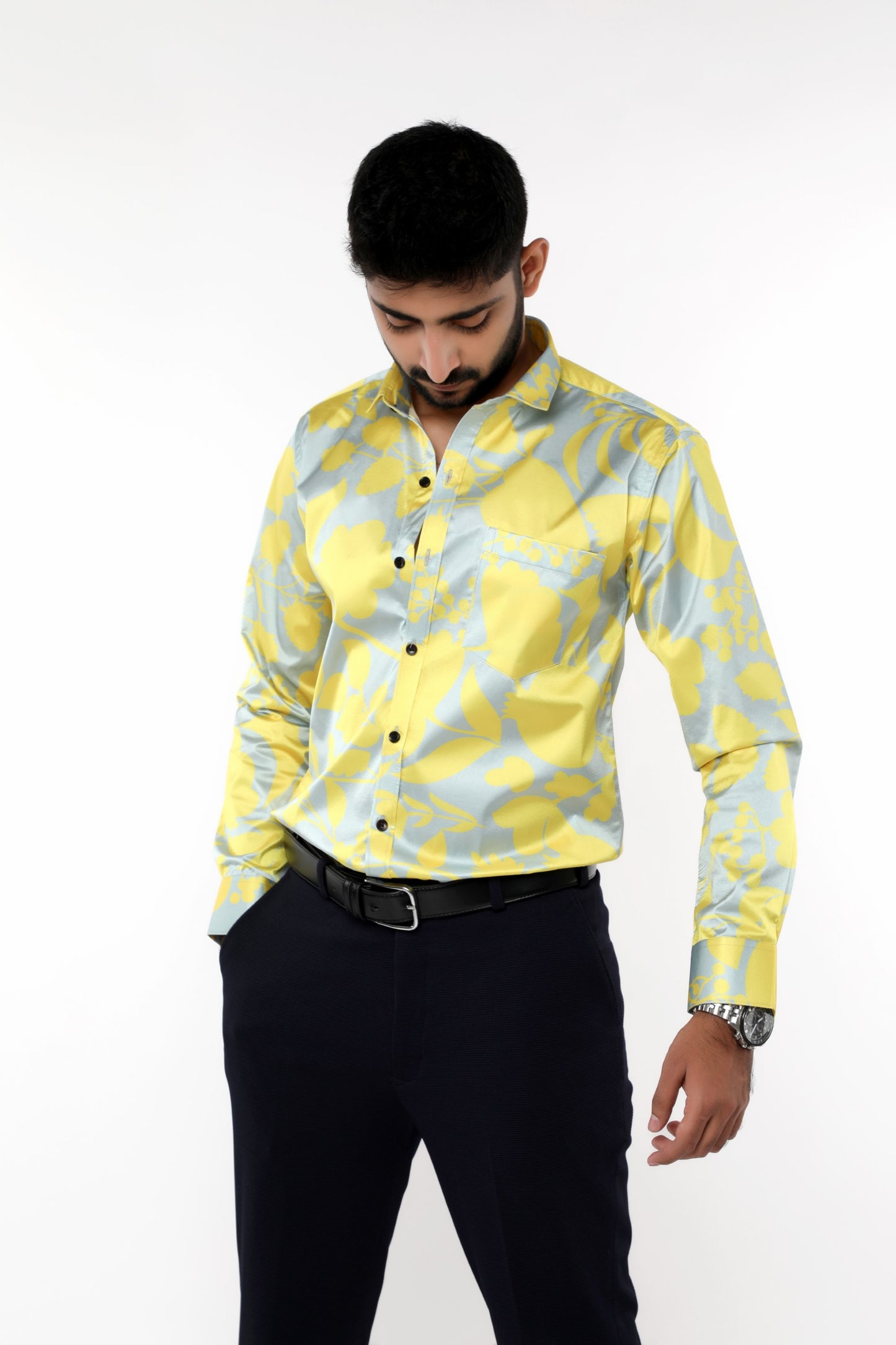 Yellow Floral Satin with Fusing full sleeves Shirt