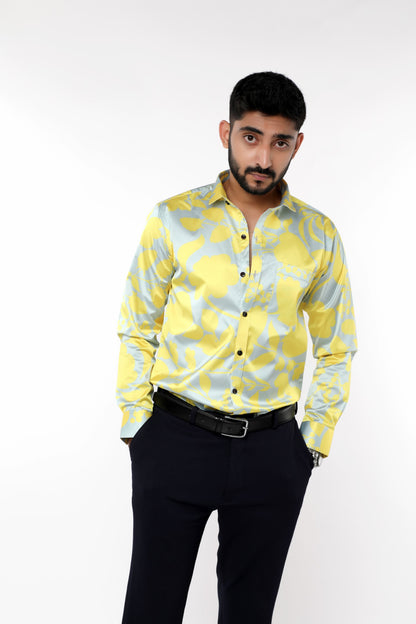 Yellow Floral Satin with Fusing full sleeves Shirt