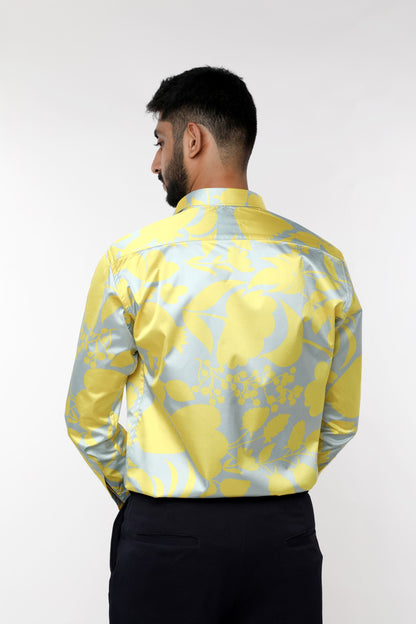 Yellow Floral Satin with Fusing full sleeves Shirt