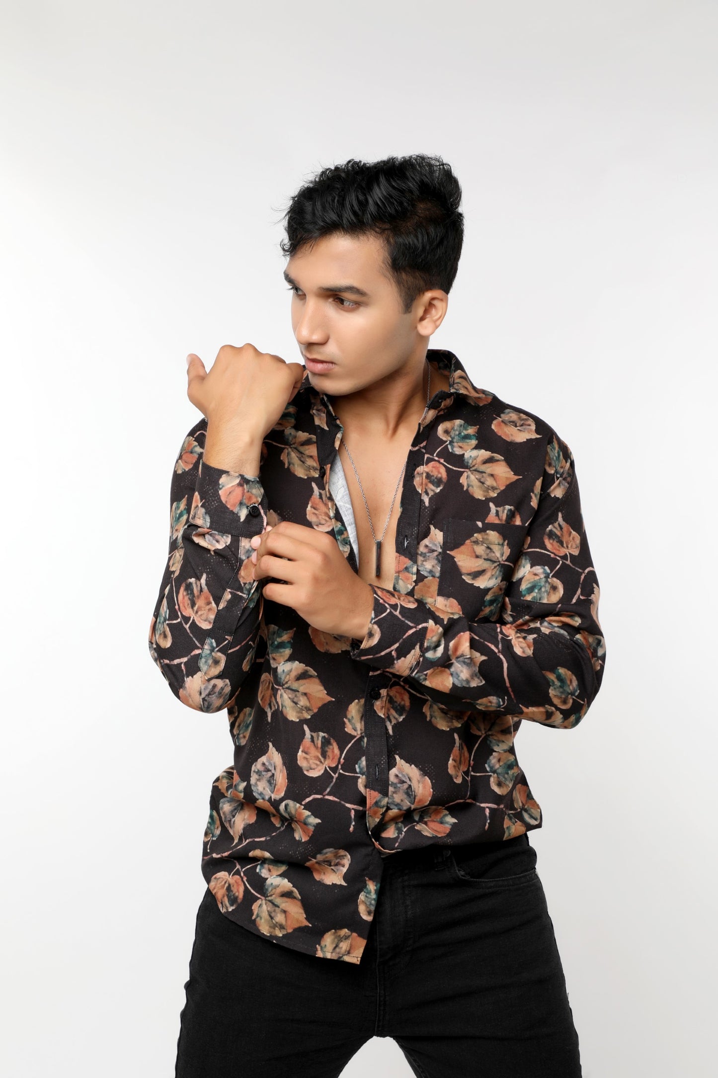 Black Textured Linen Leaf Print full sleeves Shirt