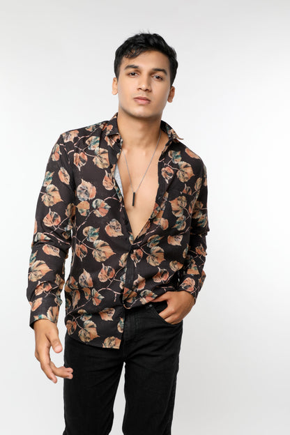 Black Textured Linen Leaf Print full sleeves Shirt