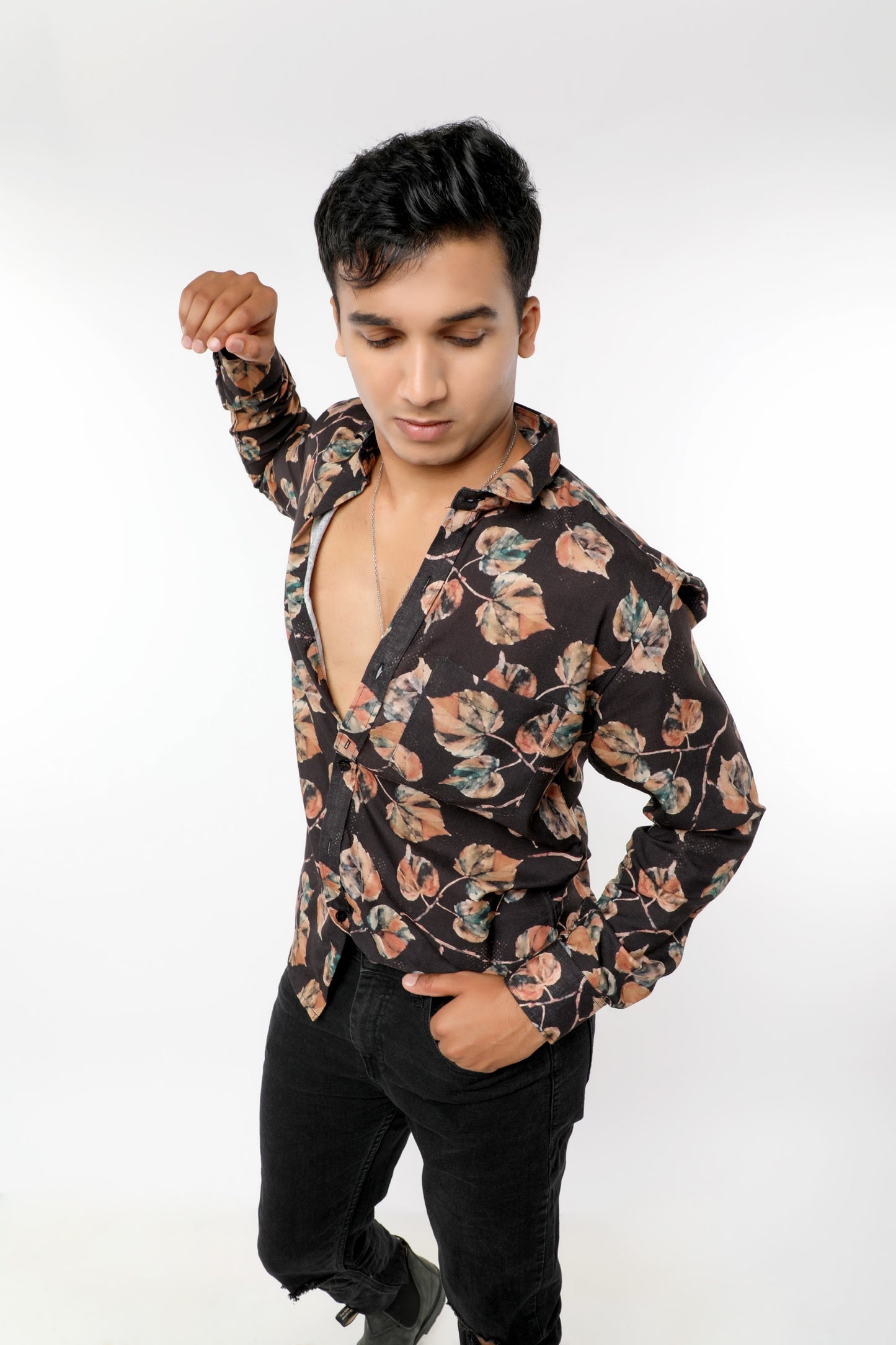 Black Textured Linen Leaf Print full sleeves Shirt